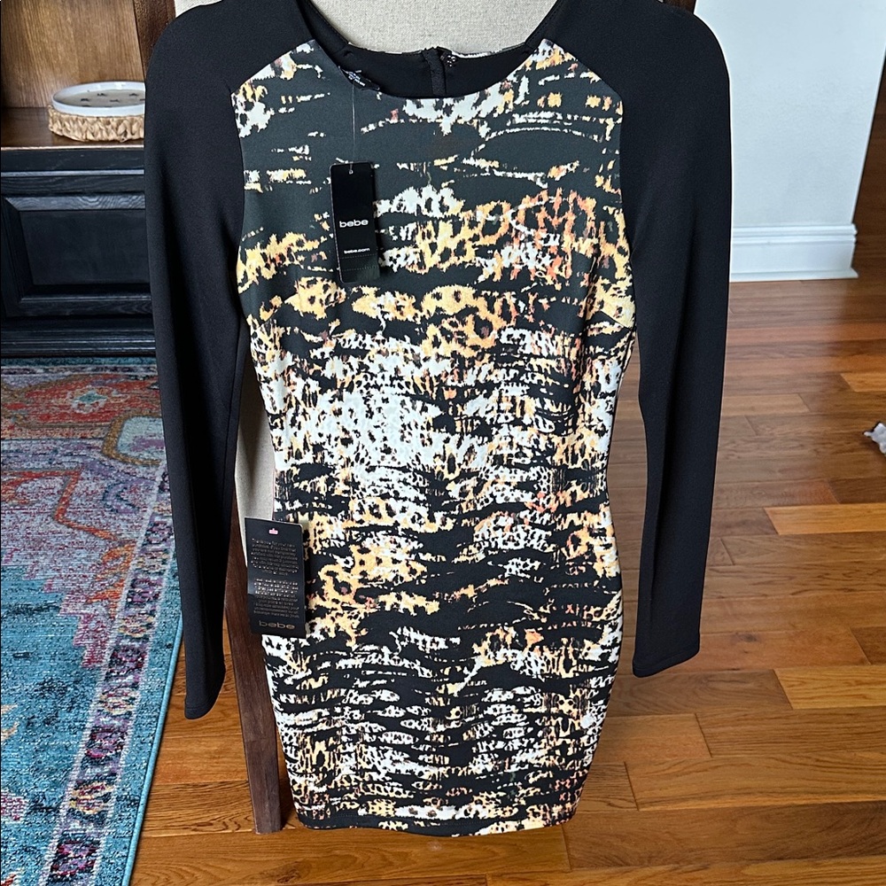 Bebe Black and Gold Animal Print Dress